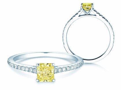 Diamantring Fancy Yellow Cushion Pavé in 14K Weißgold mit Diamanten 0,77ct G/SI