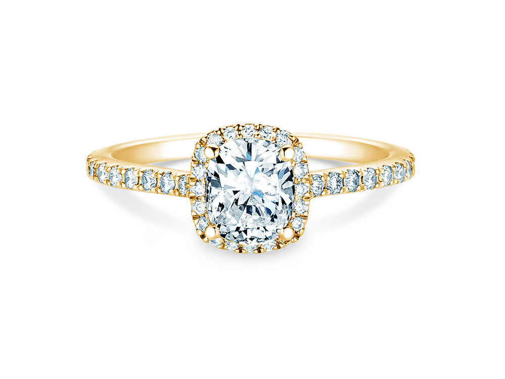 Diamantring Halo Cushion Pavé in 14K Gelbgold