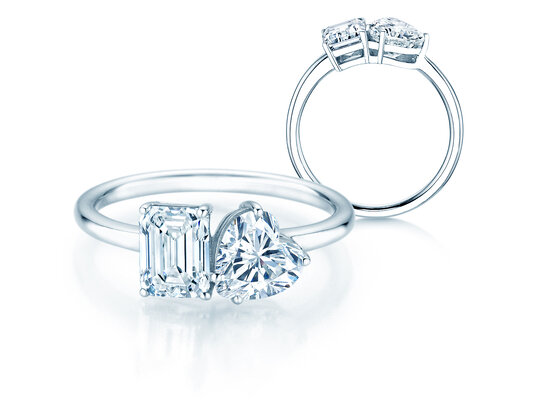 Diamantring Toi et Moi Emerald & Heart in 14K Weißgold mit Diamanten 0,40ct G/VS