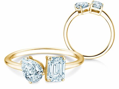 Diamantring Toi et Moi Pear & Emerald in 18K Gelbgold mit Diamanten 0,30ct G/VS